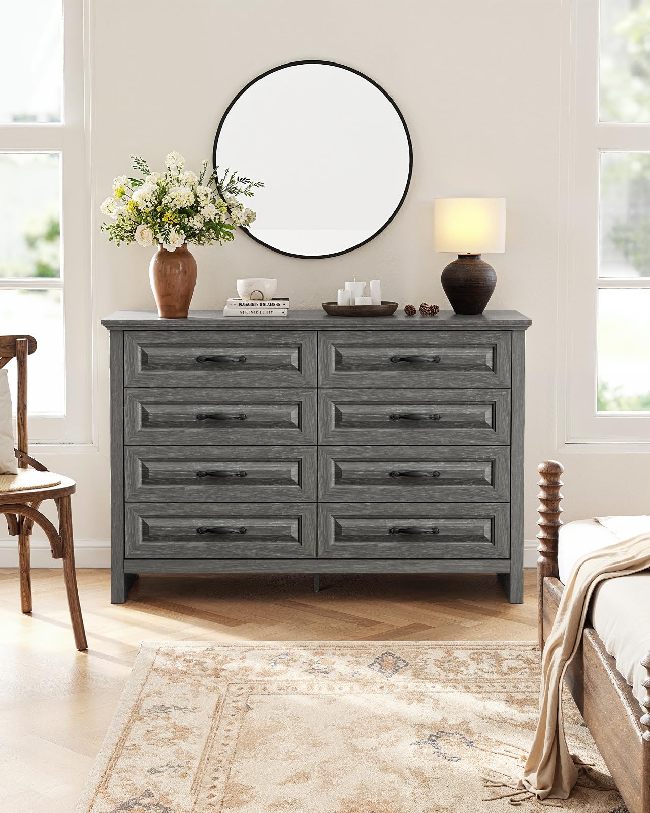 Marsail 8-Drawer Farmhouse Dresser, Solid Wood Storage Space, Sturdy Wide Chest with Smooth Glide Drawers & Anti-Slip Kit, for Bedroom or Hallway, Dark Grey