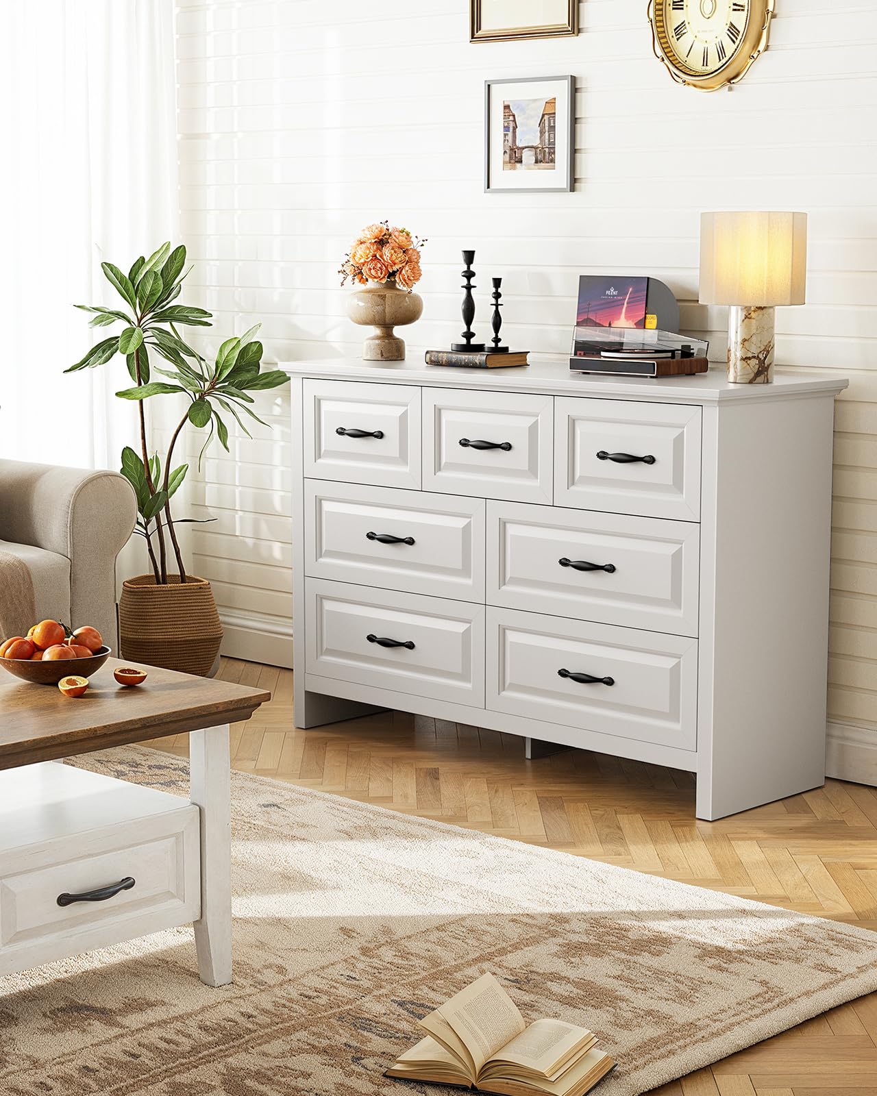 Marsail 7-Drawer Farmhouse Dresser, Solid Wood Storage Space, Sturdy Wide Chest with Smooth Glide Drawers & Anti-Slip Kit, for Bedroom or Hallway, White