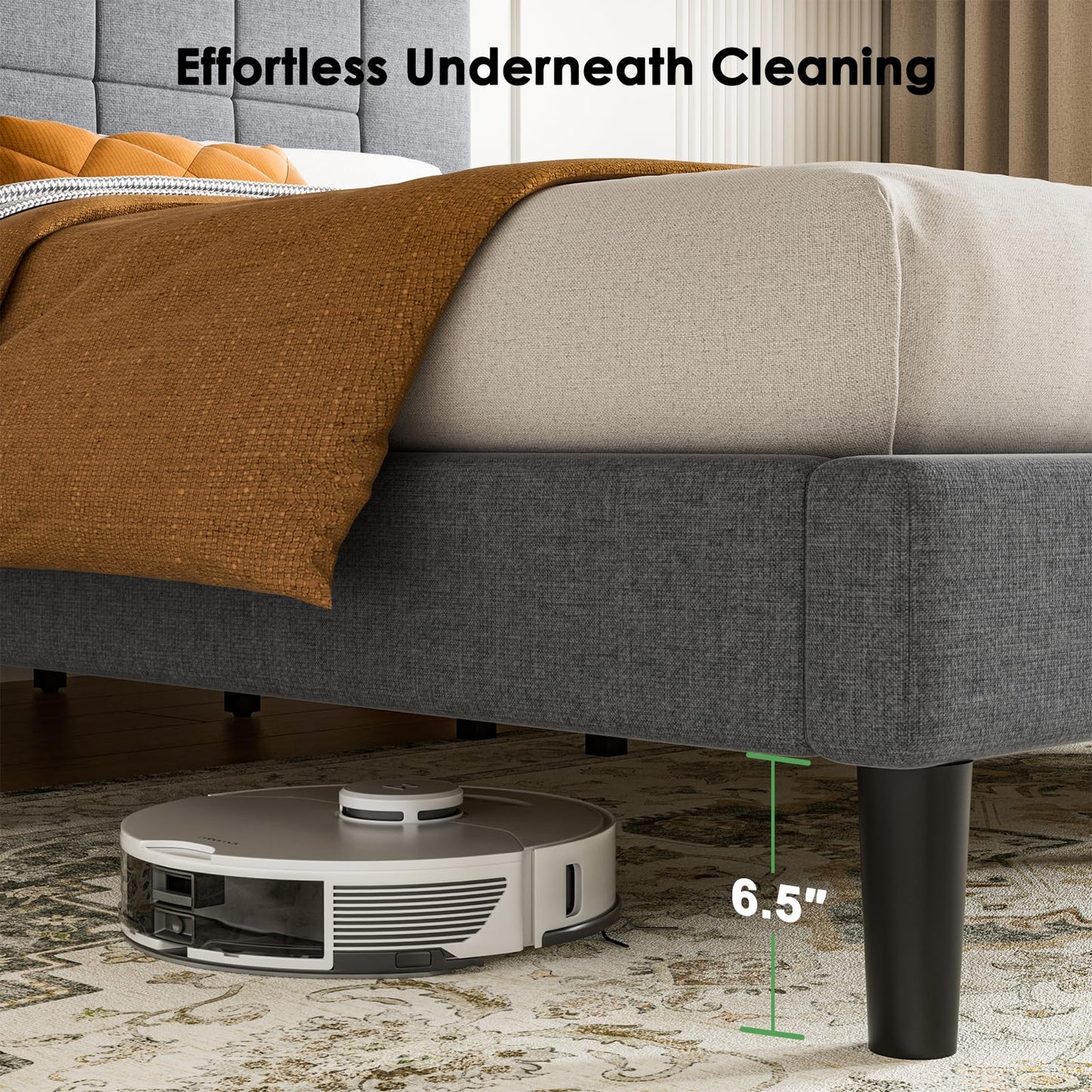 Marsail Queen Size Bed Frame, Sturdy and Durable with 12 Support Legs, 1300 lbs Capacity, Solid Wooden Upholstered Adjustable Headboard for 6"-12" Mattresses, Easy Assembly, Ideal Height, Dark Gray