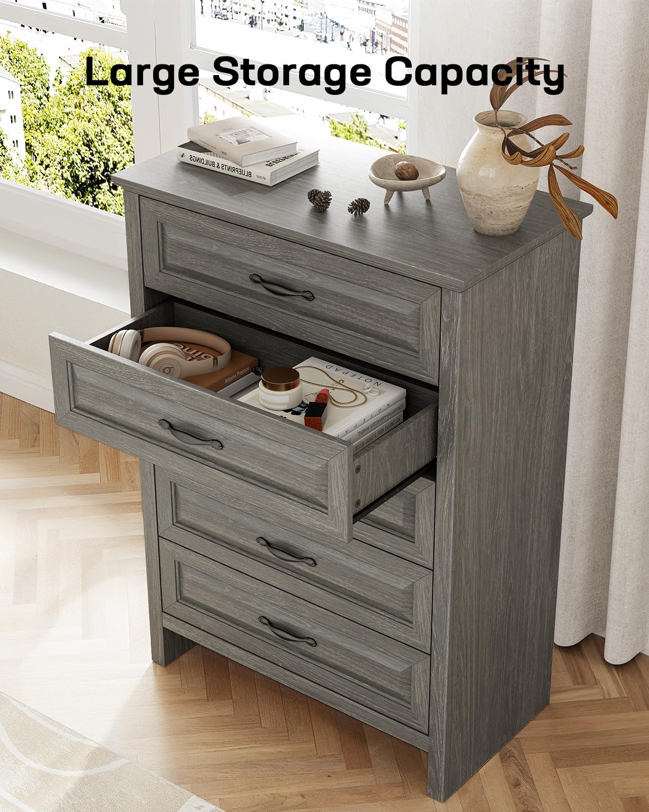 Marsail 5-Drawer Farmhouse Dresser, Solid Wood Storage Space, Sturdy Tall Chest with Smooth Glide Drawers & Anti-Slip Kit, for Bedroom or Hallway, Dark Grey