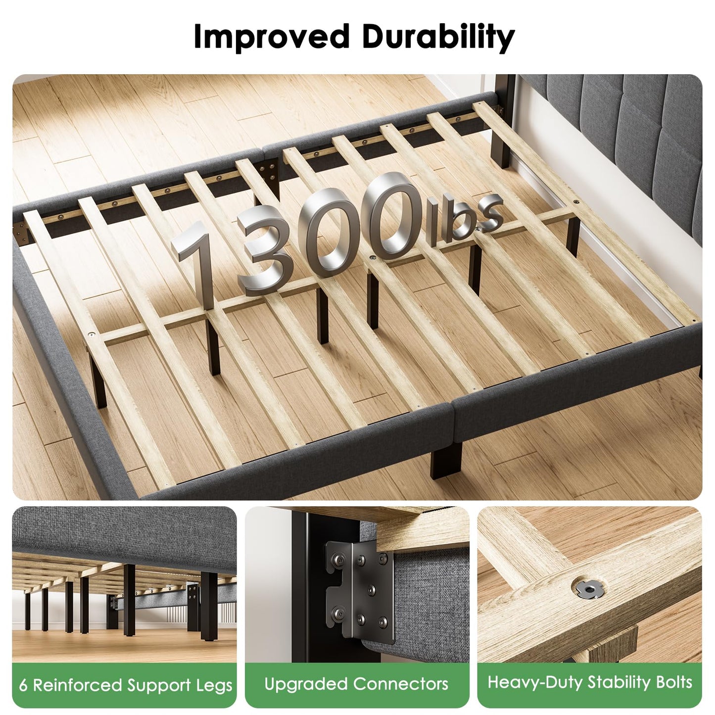 Marsail Queen Size Bed Frame, Sturdy and Durable with 12 Support Legs, 1300 lbs Capacity, Solid Wooden Upholstered Adjustable Headboard for 6"-12" Mattresses, Easy Assembly, Ideal Height, Dark Gray