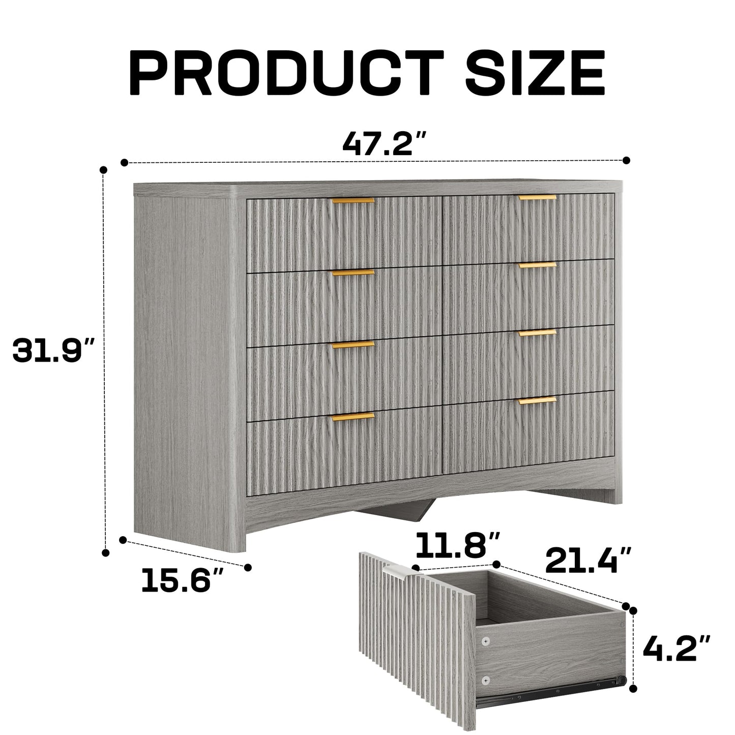 Marsail Fluted 8-Drawer Wide Wooden Dresser, Smooth Gliding Drawers & Large Capacity Storage Space, Modern Organizer Cabinet for Bedroom or Hallway, Light Grey