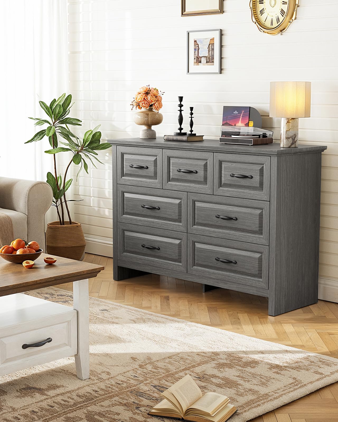 Marsail 7-Drawer Farmhouse Dresser, Solid Wood Storage Space, Sturdy Wide Chest with Smooth Glide Drawers & Anti-Slip Kit, for Bedroom or Hallway, Dark Grey