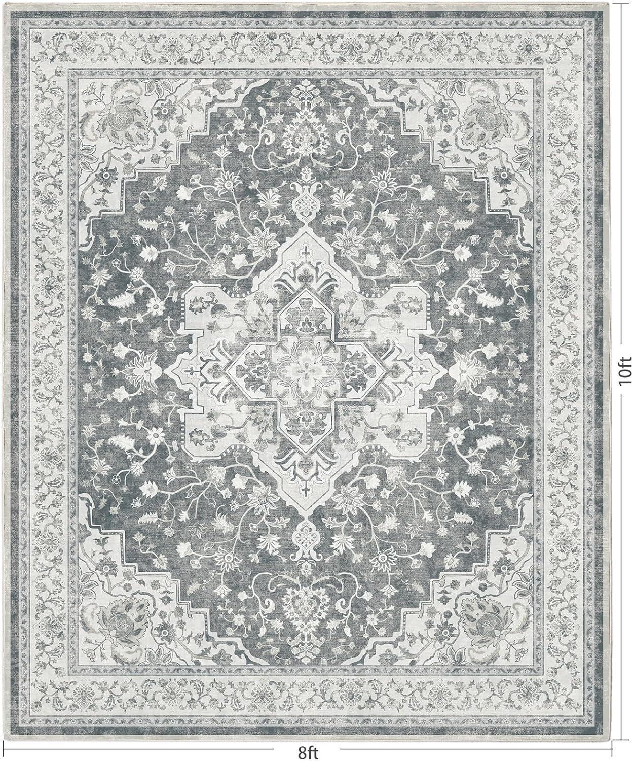 Marsail 8x10 Machine Washable Area Rug, Soft & Slip-Resistant Large Area Rug with Reinforced Bound Edges, Vintage Short-Pile Washable Rug with Floral Pattern for Living Room, Dinning Room and Bedroom