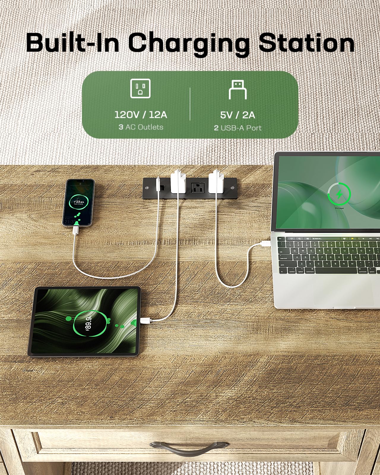 Marsail 60″ Farmhouse Executive Desk, Home Office Desk with Storage Cabinet, Charging Station, Adjustable Shelf, and File Drawer, Rustic Computer Writing Desk for Work & Study, Natural