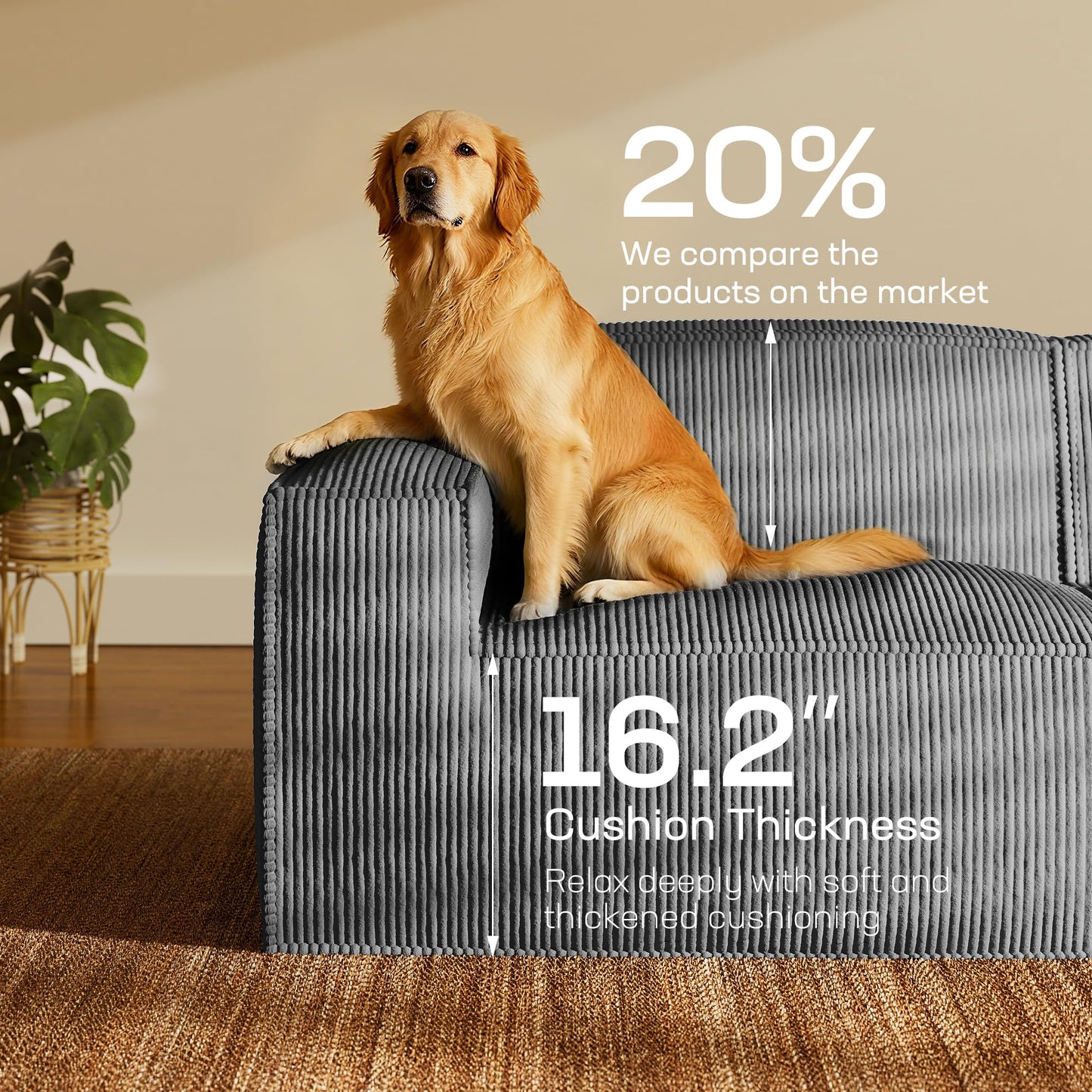 Marsail Modular Sectional Sofa, 111" L-Shaped Modular Sectional Couch with Deep Seat, Freely Combinable Sectional Clound Sofa for Living Room, No Assembly, Plush Corduroy Fabric, Grey