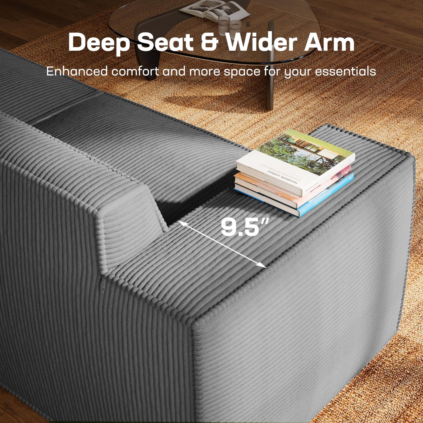 Marsail Modular Sectional Sofa, 111" L-Shaped Modular Sectional Couch with Deep Seat, Freely Combinable Sectional Clound Sofa for Living Room, No Assembly, Plush Corduroy Fabric, Grey