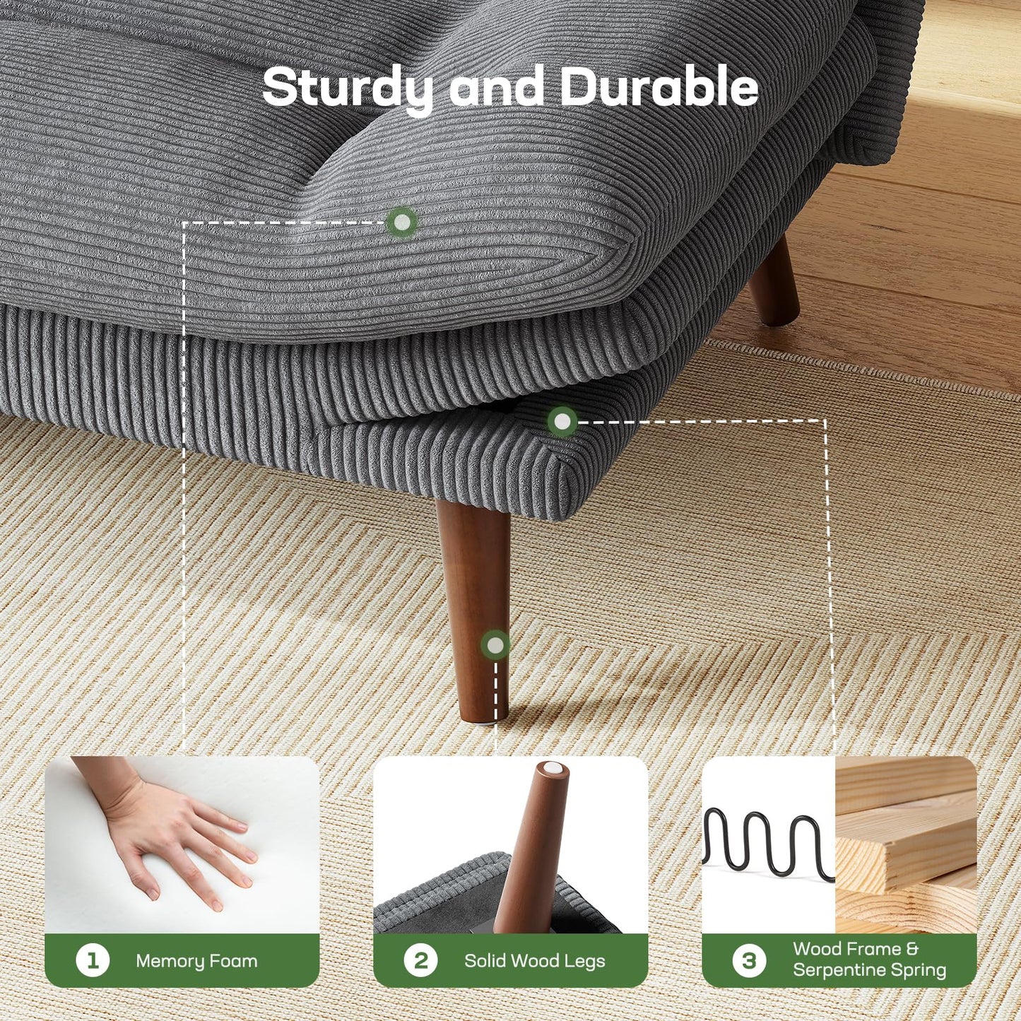 Marsail Futon Sofa Bed, Futon Couch with Adjustable Backrest & Armrests, Convertible Small Sleeper Sofa Bed for Small Apartments, Study Room, Office, Corduroy Loveseat, Dark Grey