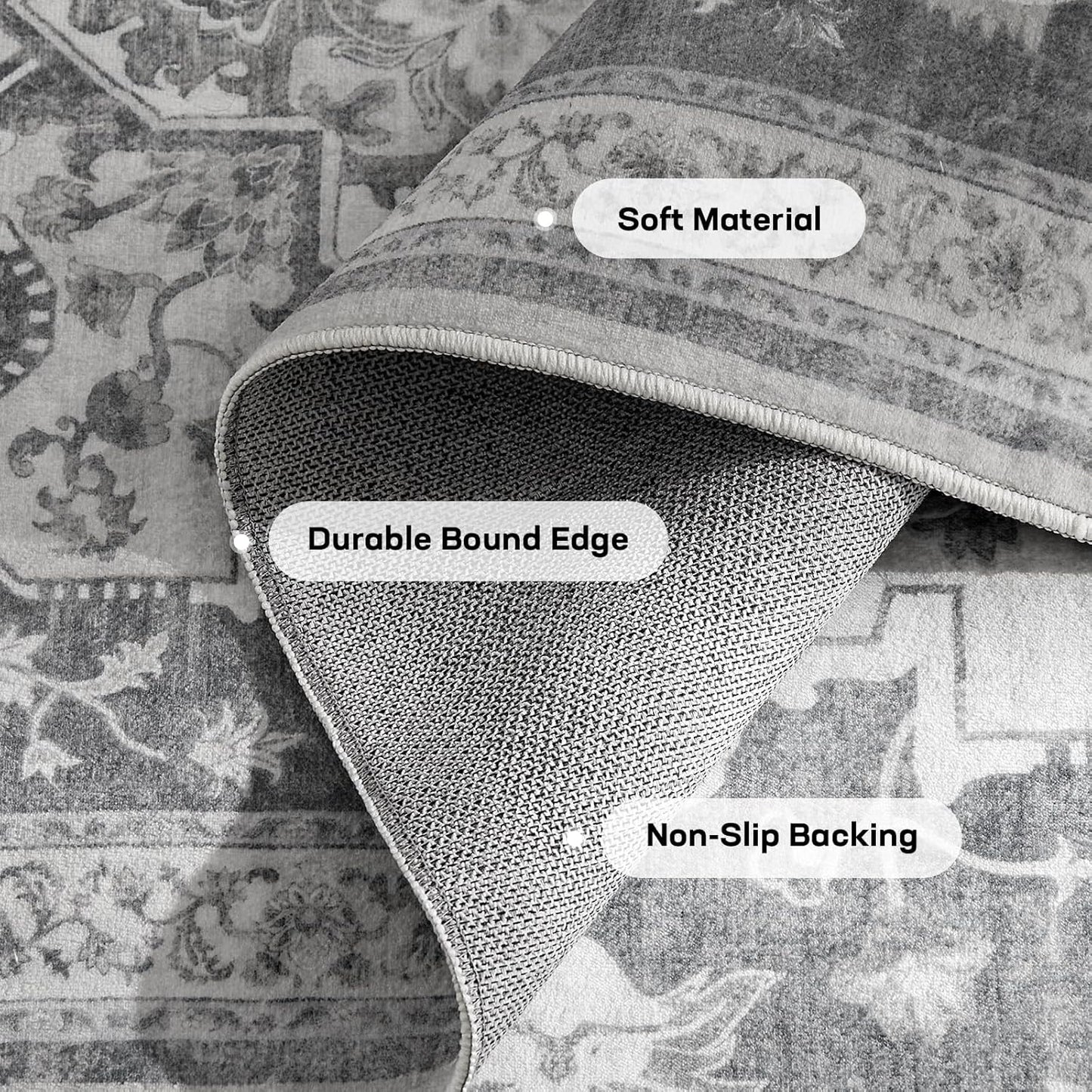 Marsail 8x10 Machine Washable Area Rug, Soft & Slip-Resistant Large Area Rug with Reinforced Bound Edges, Vintage Short-Pile Washable Rug with Floral Pattern for Living Room, Dinning Room and Bedroom