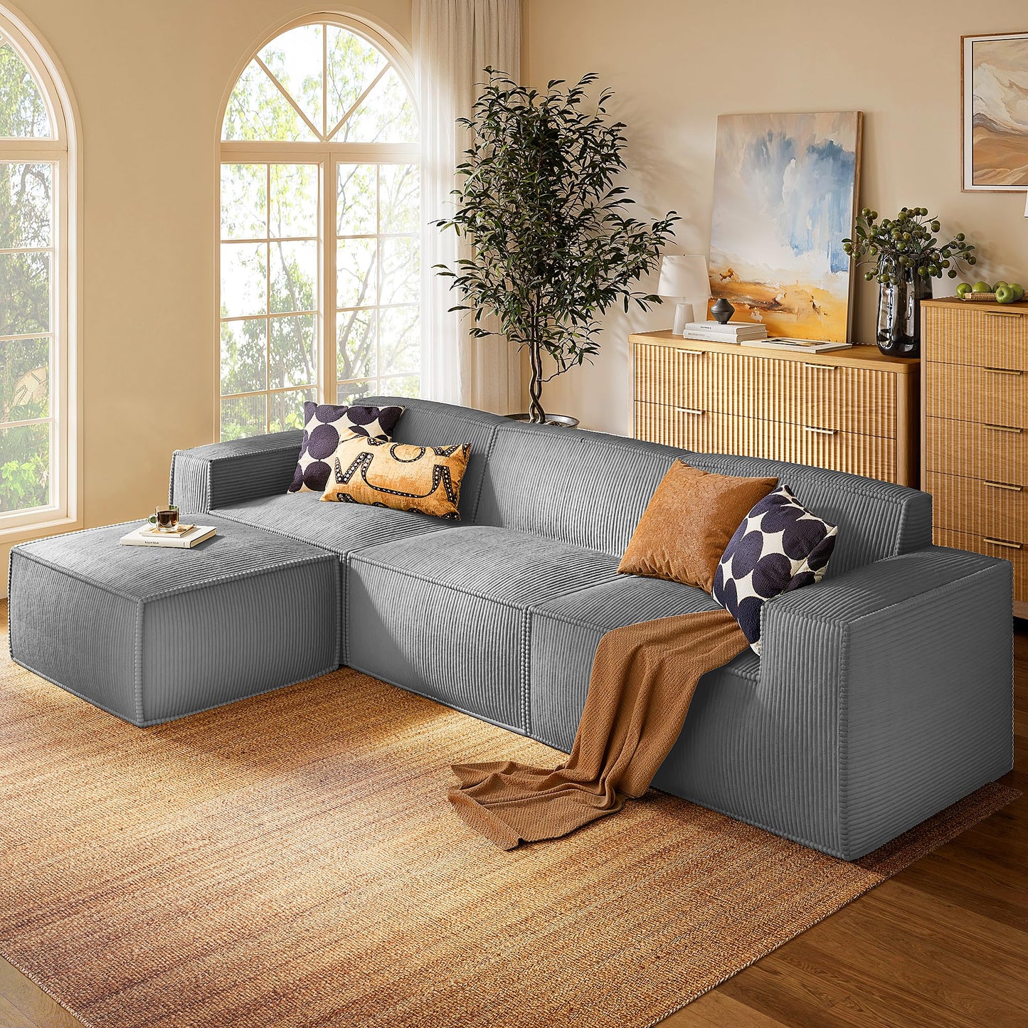 Marsail Modular Sectional Sofa, 111" L-Shaped Modular Sectional Couch with Deep Seat, Freely Combinable Sectional Clound Sofa for Living Room, No Assembly, Plush Corduroy Fabric, Grey